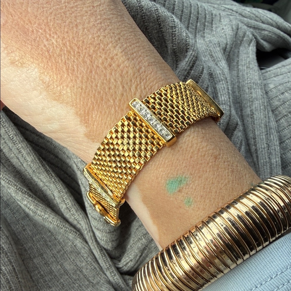 Swarovski gold metal mesh bracelet, white pave crystals, 7"L, Swan Mark - Picture 5 of 10